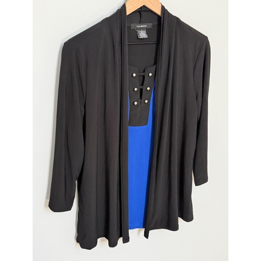 Liz McCoy Women's Cardigan Top Layered Studded Lattice Black Royal Blue Size L - Picture 2 of 9